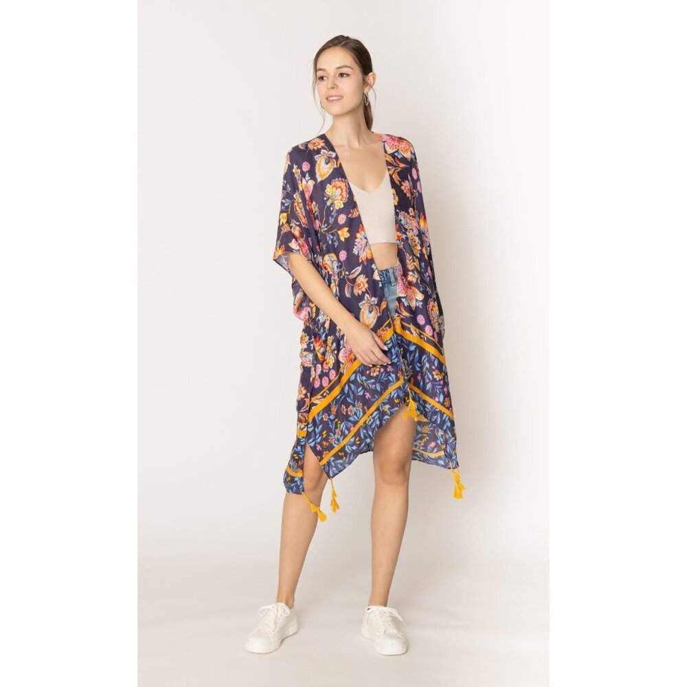 Diona J FLORAL PRINT KIMONO ONE SIZE COLOR NAVY